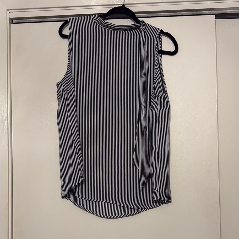 LOFT White and Black Tie Front Ribbed Blouse